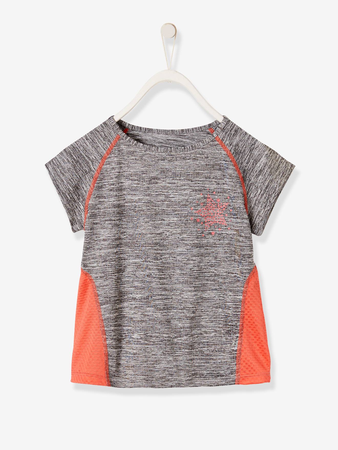 Camiseta esportiva feminina de manga curta com estampa de estrelas em cinza mescla médio.