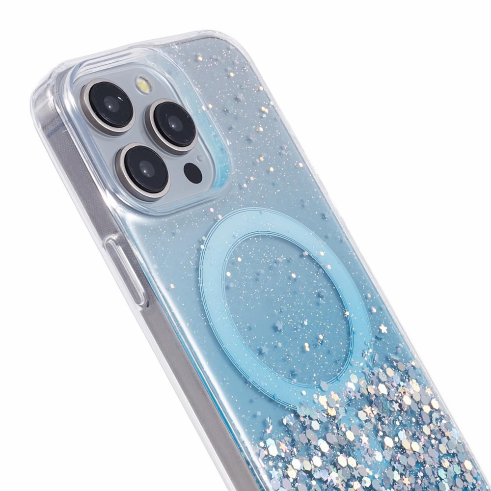 iPhone 14 Pro Max MagSafe Hülle mit Acryl Rückseite und Farbverlauf im Glitzer Design - Blau