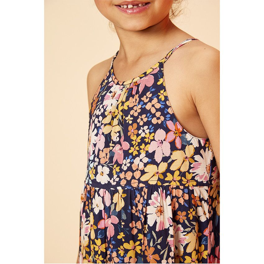 Robe longue en voile imprimé fleuri pour fille - Bleu marine