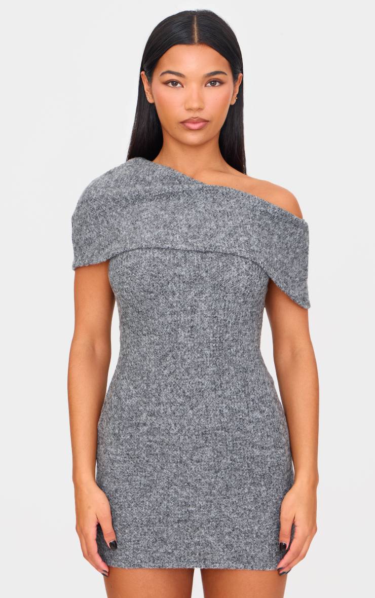 Charbon Robe Moulante Asymétrique En Côtes Brossées