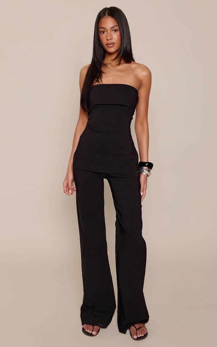 Noir Pantalon Large Taille Haute En Tissu Extensible Coupe Tall