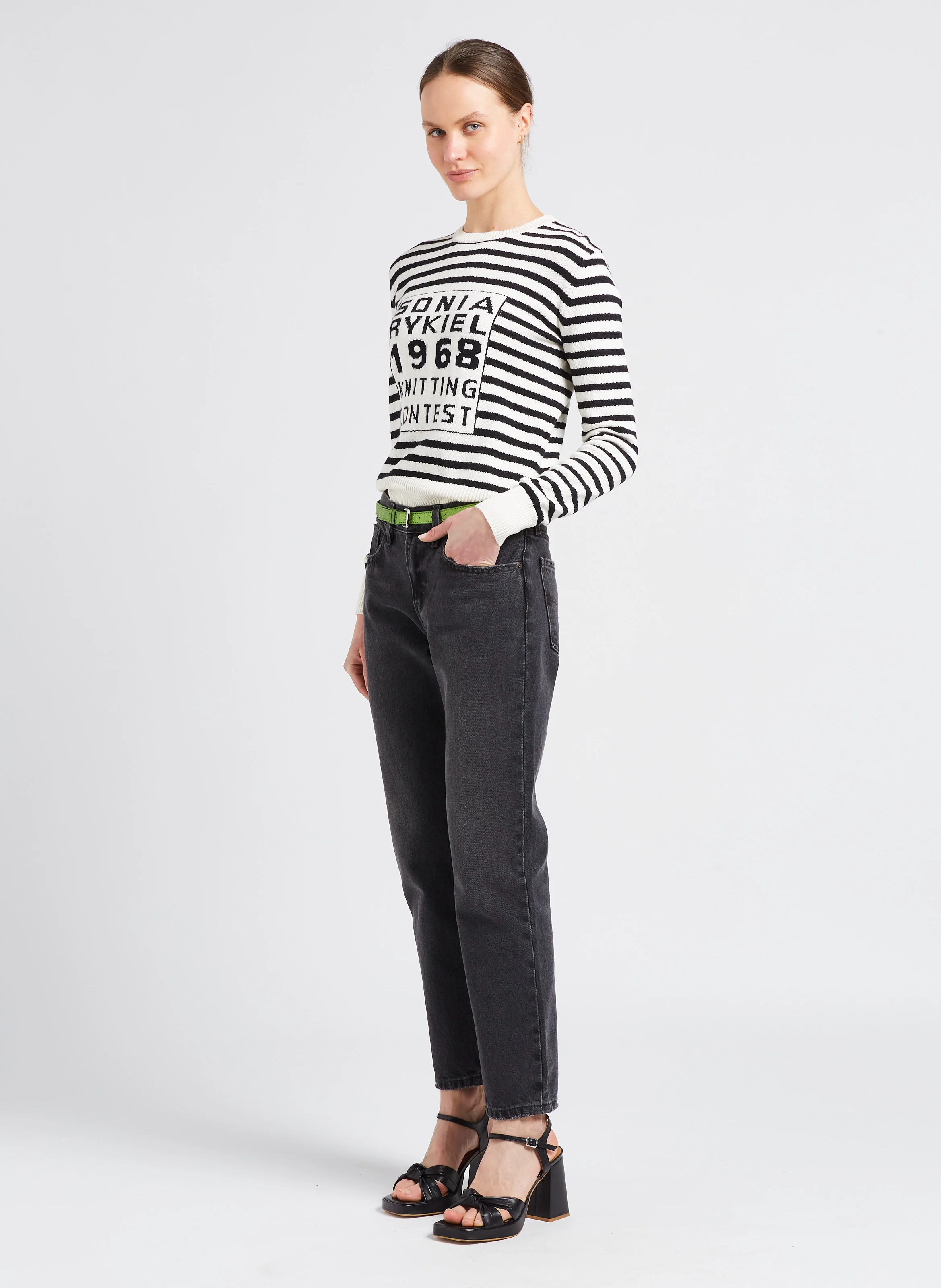 Pull col rond rayé en coton et cachemire | Noir
