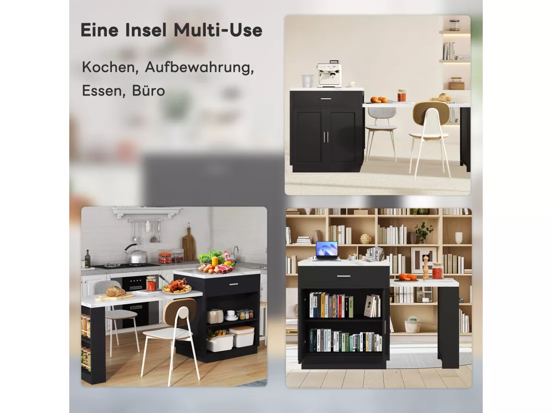 Ilot central de cuisine mobile avec 2 tiroirs, 2 portes et étagères de rangement - 211x55x89.5 cm - MDF - Noir + blanc