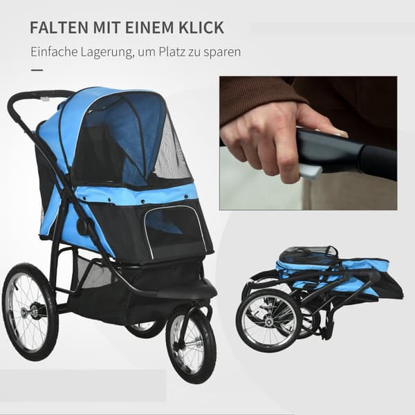 Hundevogn Med Reflekser, Sammenleggbar, Oppbevaringskurv, Solbeskyttelse, Nettingvindu, Oxford, Blå