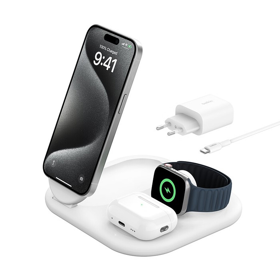 Belkin BoostCharge Magnetic Stand 3-in-1 Qi2 15W Blanc