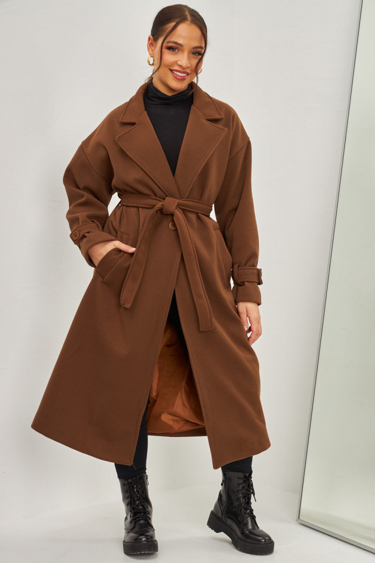Manteau épais long côtelé style trench marron