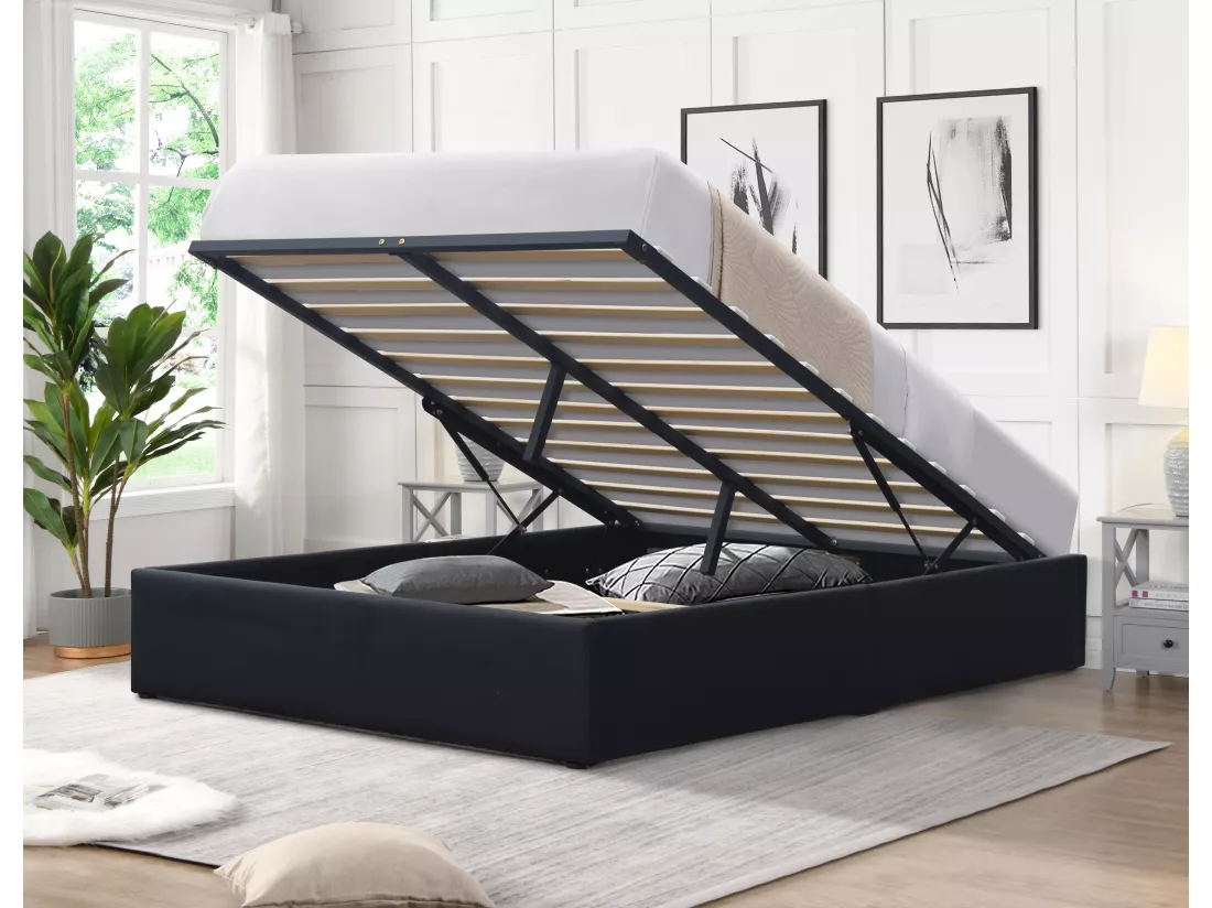 Lit coffre noir 140x190 cm avec 2 x 12 lattes - Montage rapide et entretien facile PVC simili