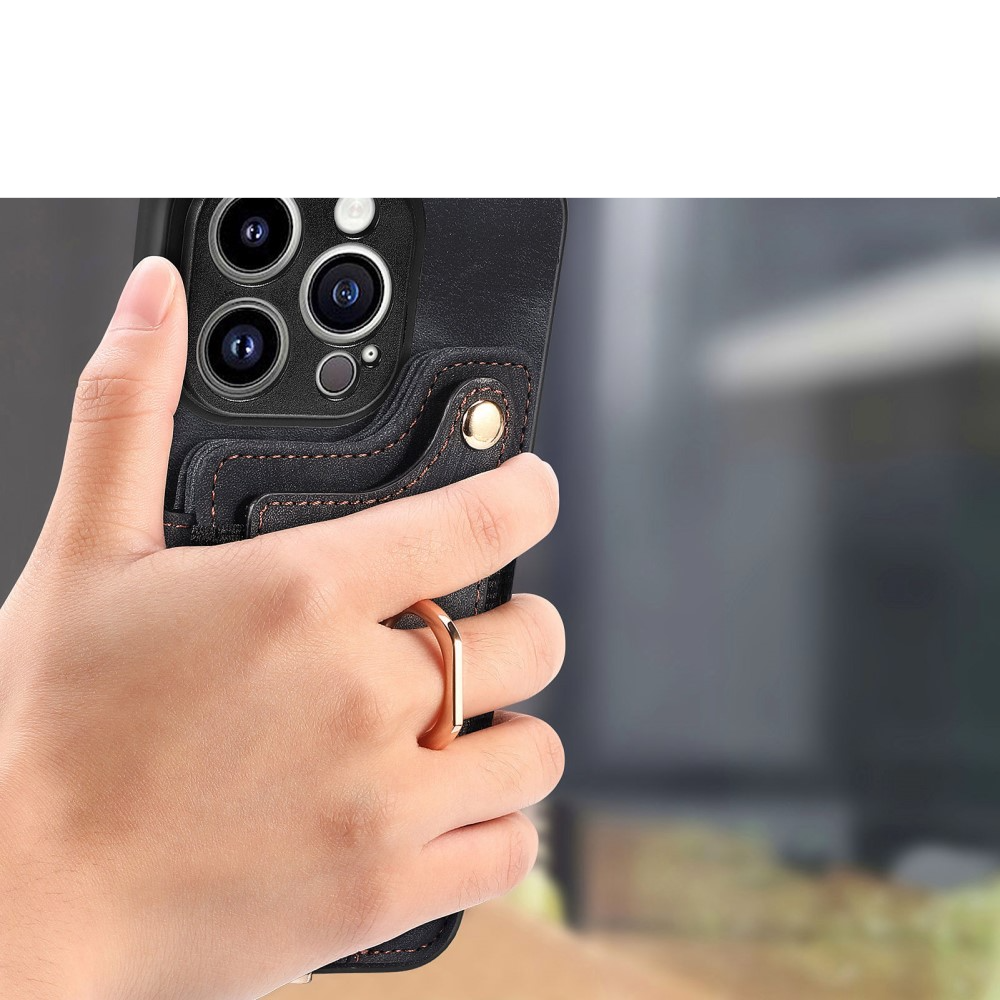 iPhone 14 Pro Max Necklace Leder Hülle mit Kartenfächer   Finger Griff Halterung   Handykette (RFID Schutz) - Schwarz