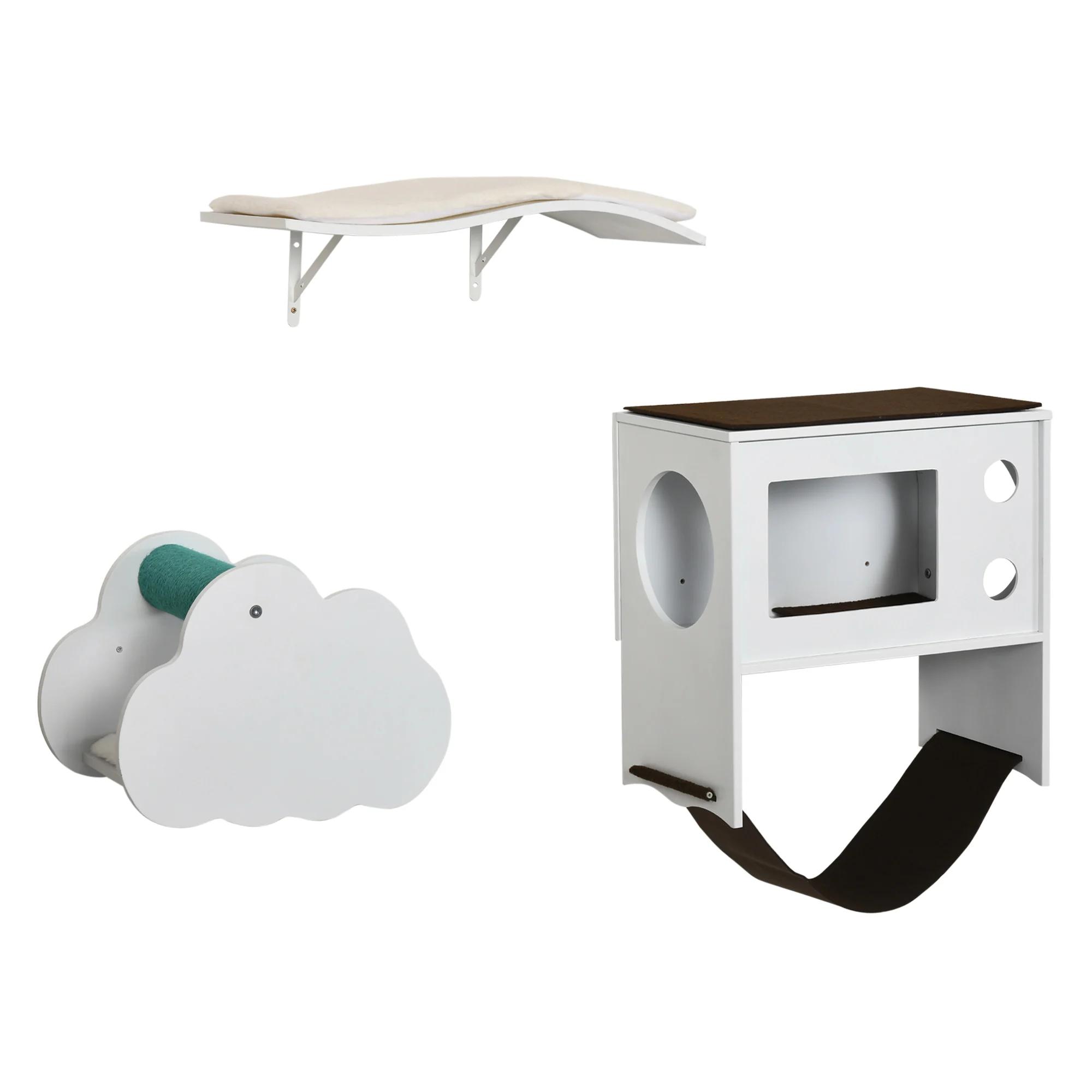 Conjunto de 3 Prateleiras de Parede PawHut para Gatos, Móveis de Parede para Gatos, Centro de Atividades para Gatinhos com Casinha, Plataformas, Rede, Poste de Sisal e Almofadas Macias, Branco
