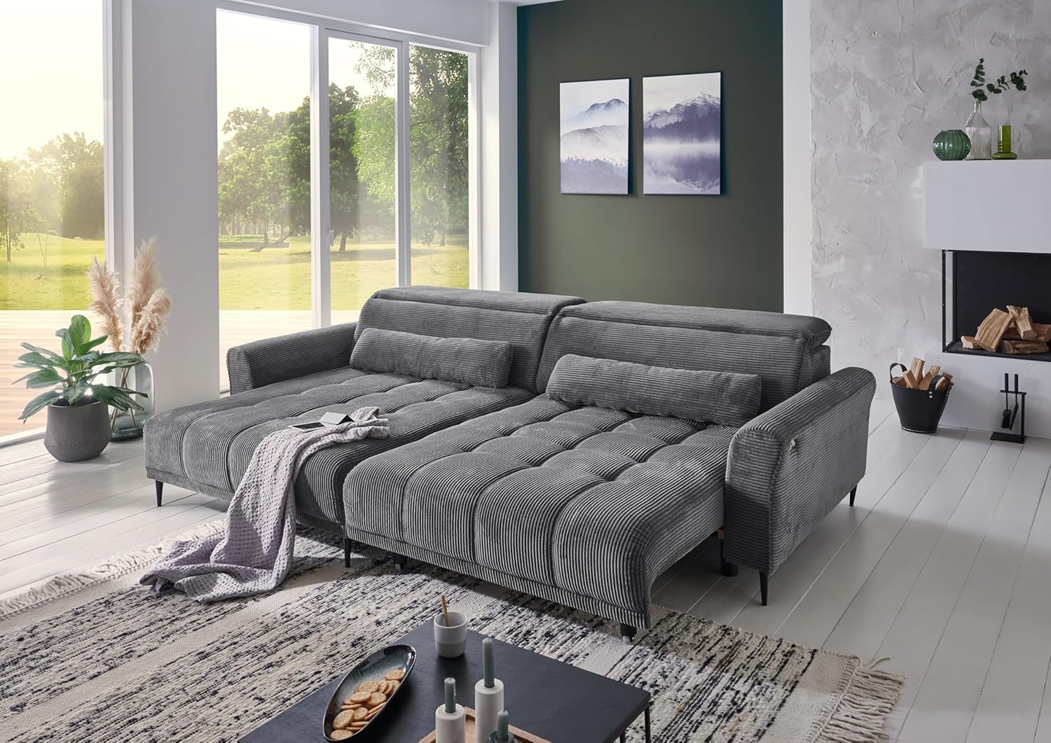 möbelando Wohnlandschaft >Wolve< elektr. Sitzverstellung, 2 Kissen, Cord grau - 277x108x179cm (BxHxT)
