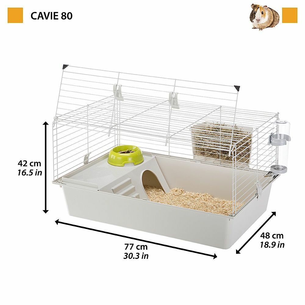 Cage spacieuse pour cochons d'inde cavie 80, système de fermeture sécurité, accessoires inclus, en métal vernis gris et plastique