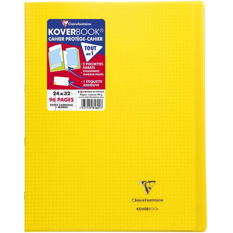 Cahier piqué Koverbook 24x32cm 96 pages petits carreaux + marge couverture polypropylène transparent - Assortis