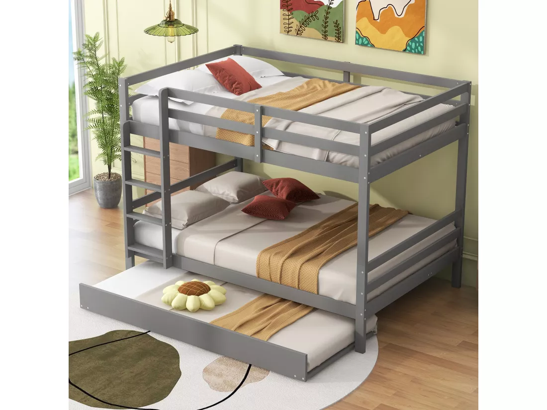 Lits superposés 140 x 200 cm avec lit gigogne 90 x 200 cm - garde-corps et escalier - Bois MDF - gris