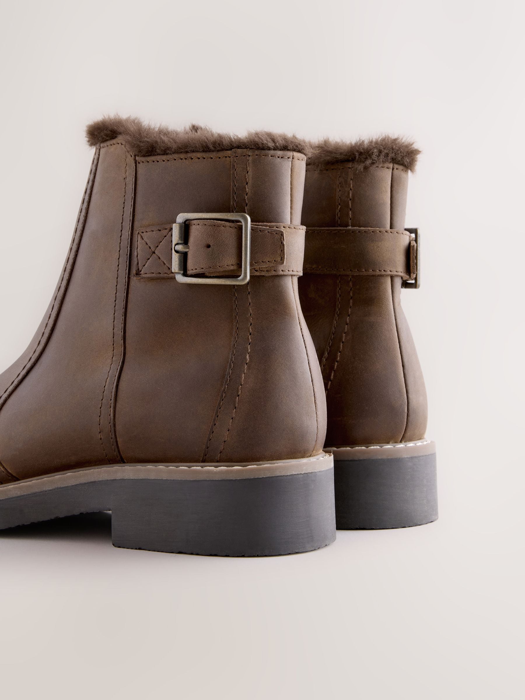 Chocolate Brown Oiled Leather - Forever Comfort® Faux Fur Lined Buckle Trim Ankle Boots