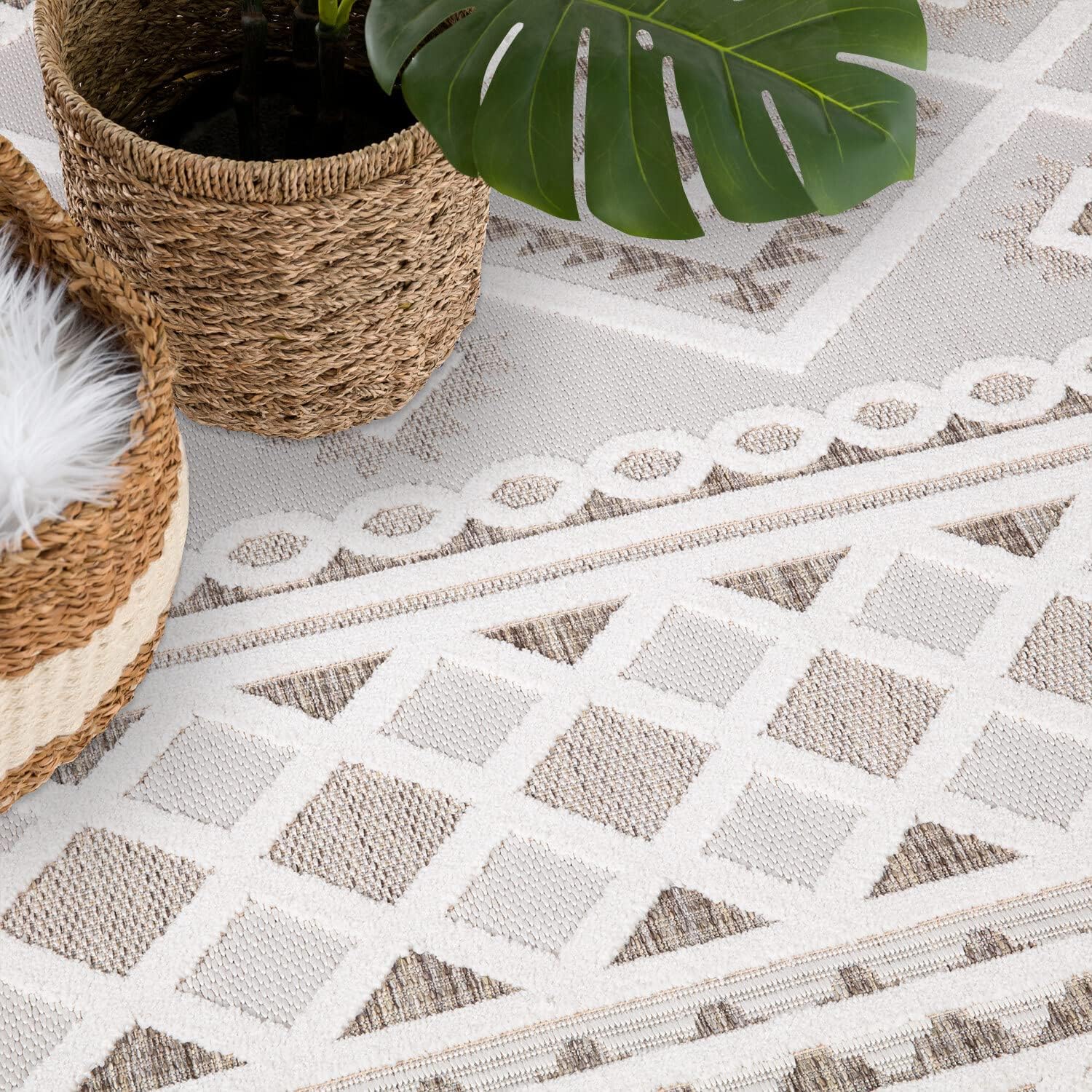 carpet city In-& Outdoor Teppich - 240x340 cm - für Innen-& Außenbereich - Wetterfest Balkon-Teppich, Terrasse, Flur, Küche - Wohnzimmer-Teppiche - Hochtief/ 3D-Effekt - Ethno-Look in Creme