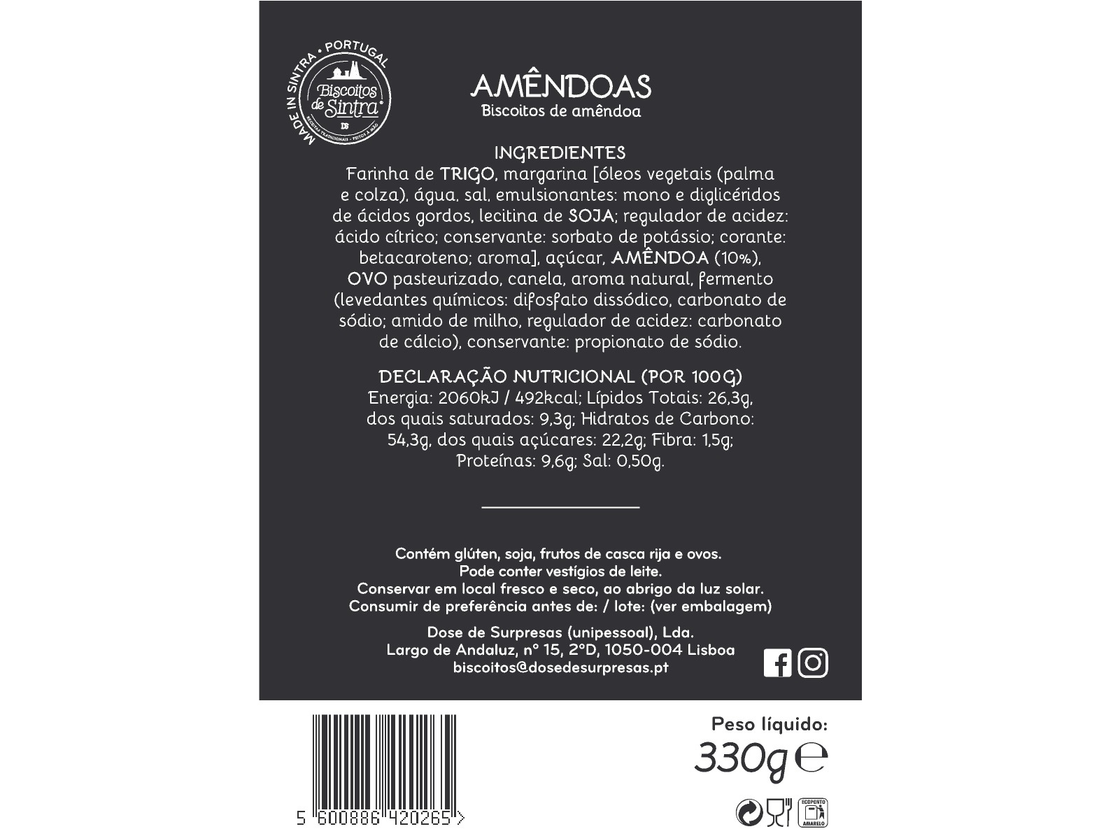 AMÊNDOAS BISCOITOS DE SINTRA 330GR
