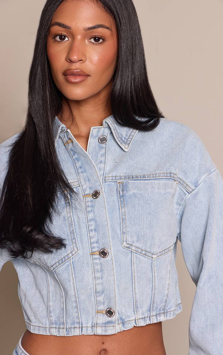 Bleu Clair Veste En Jean Courte À Manches Ballon Grande Taille