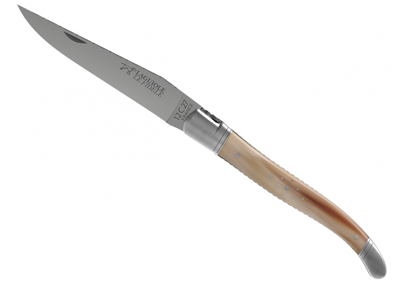Couteau Laguiole prestige avec un manche en pointe de corne blonde et mitres en acier inoxydable