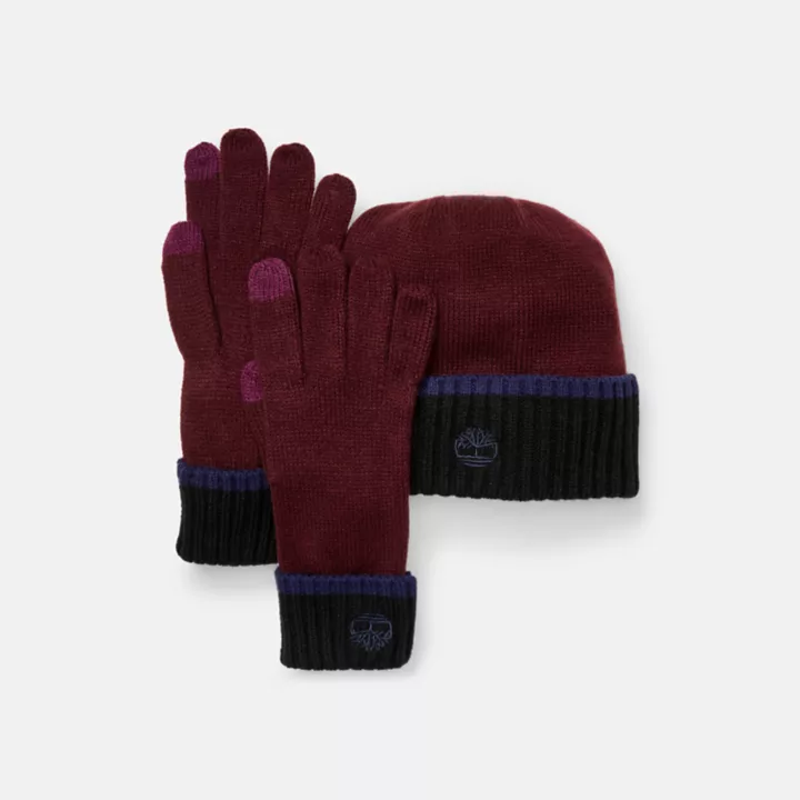 Coffret cadeau bonnet et gants unisexe en bordeaux