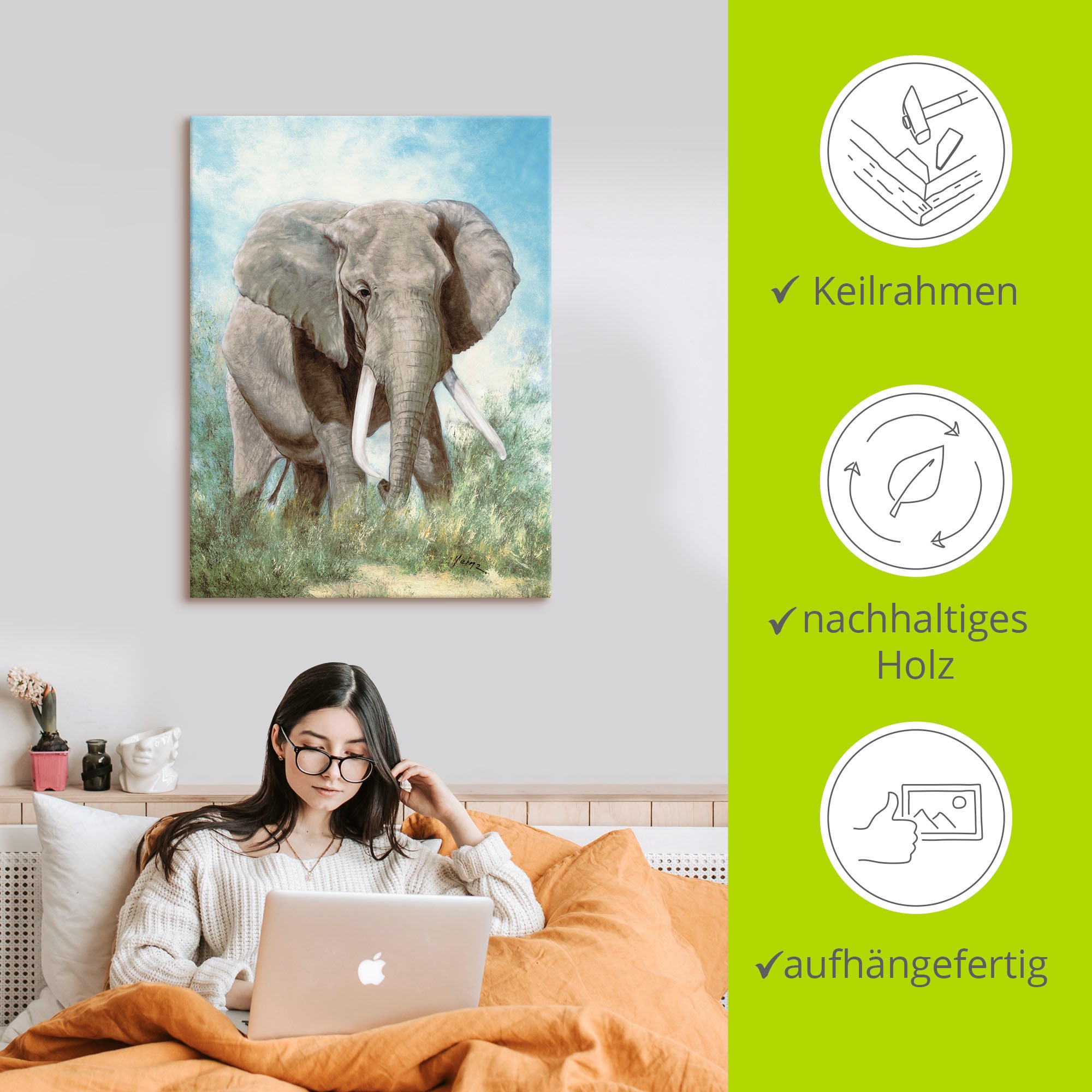 Artland Leinwandbild »Elefant« Wildtiere 1 Stk. tlg. auf Keilrahmen gespannt