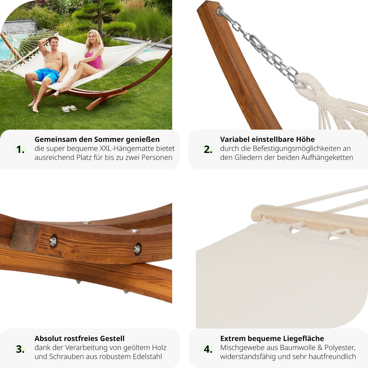 tectake Thorsten hangmat met houten frame, voor 2 personen, 205 x 150 cm