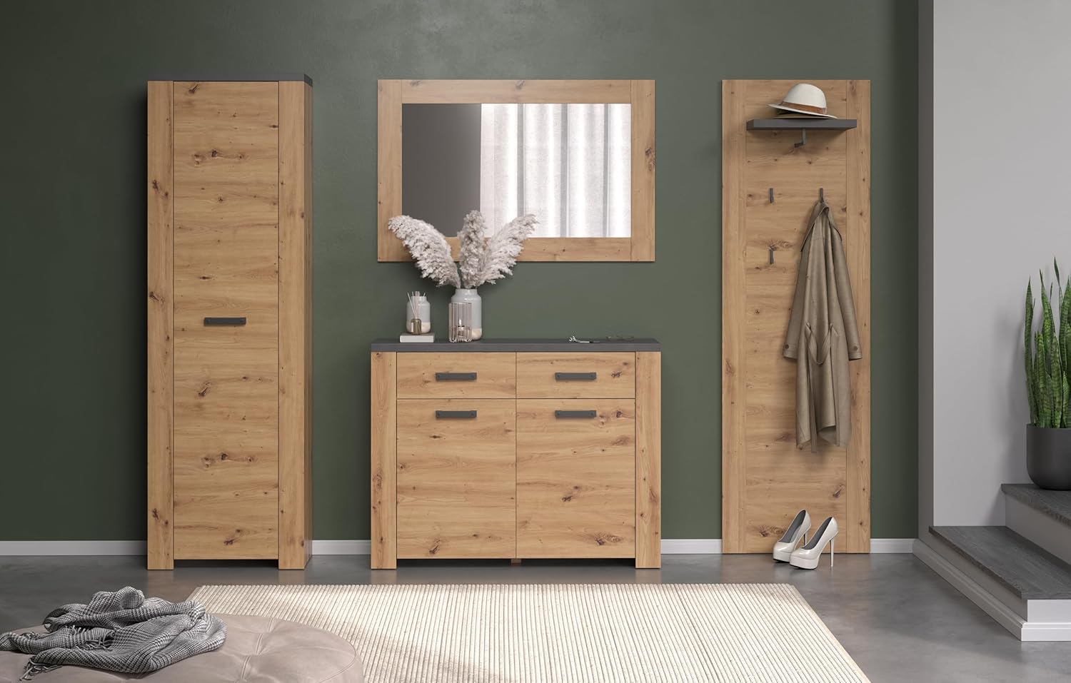 trendteam smart living - Follow - Garderoben-Set - Artisan Eiche/Matera - 4-teilig mit Schrank, Kommode, Paneel & Spiegel - 270 x 199 x 35 cm - ausziehbare Kleiderstange - Vollauszug-Funktion