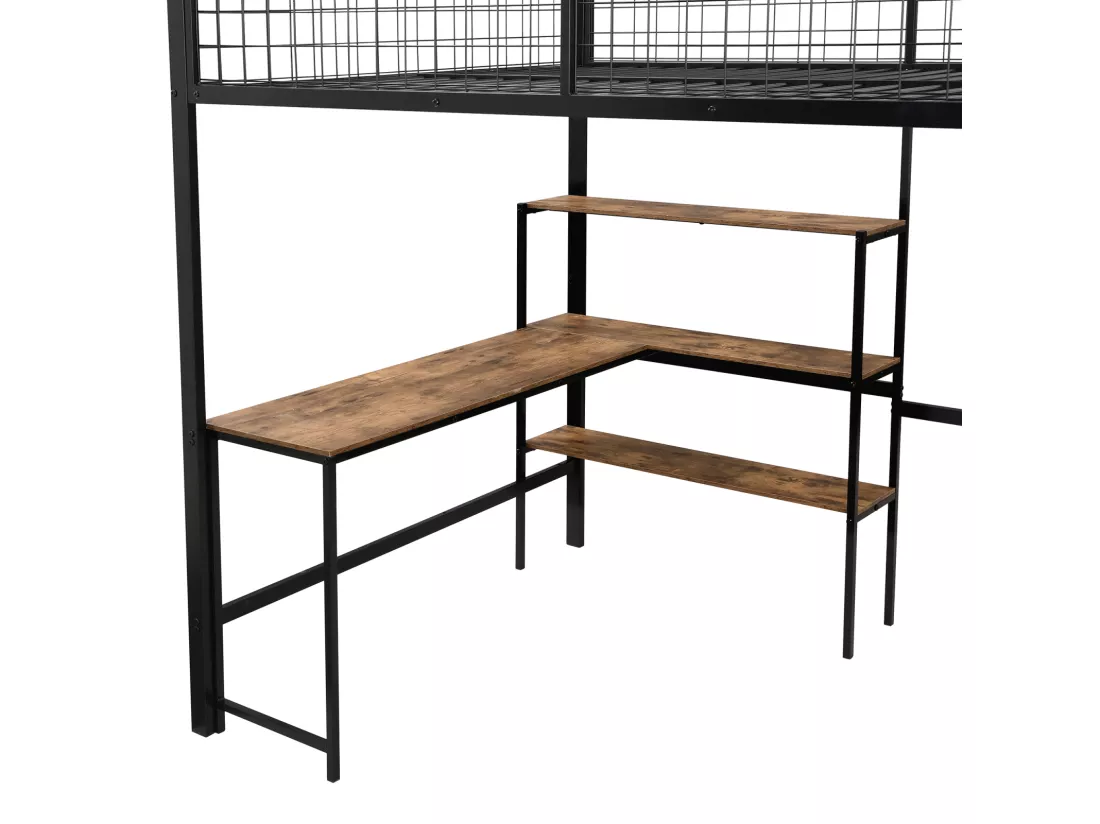 Lit mezzanine 90x200cm, cadre en fer, avec sous plateau bureau L, plusieurs étagères, escaliers et armoire intégrée, noir