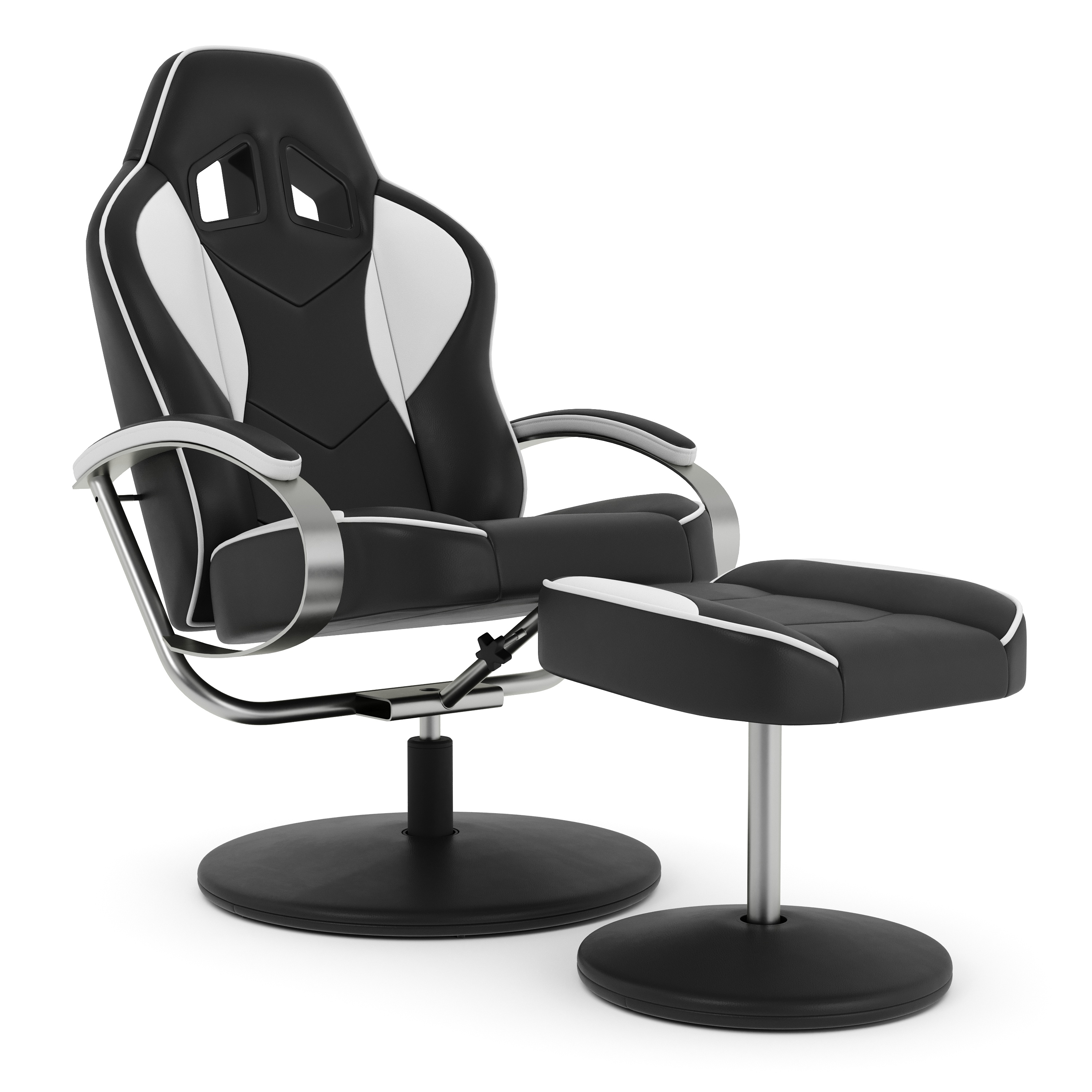Fernsehsessel Leder mit Fusshocker weiss/schwarz