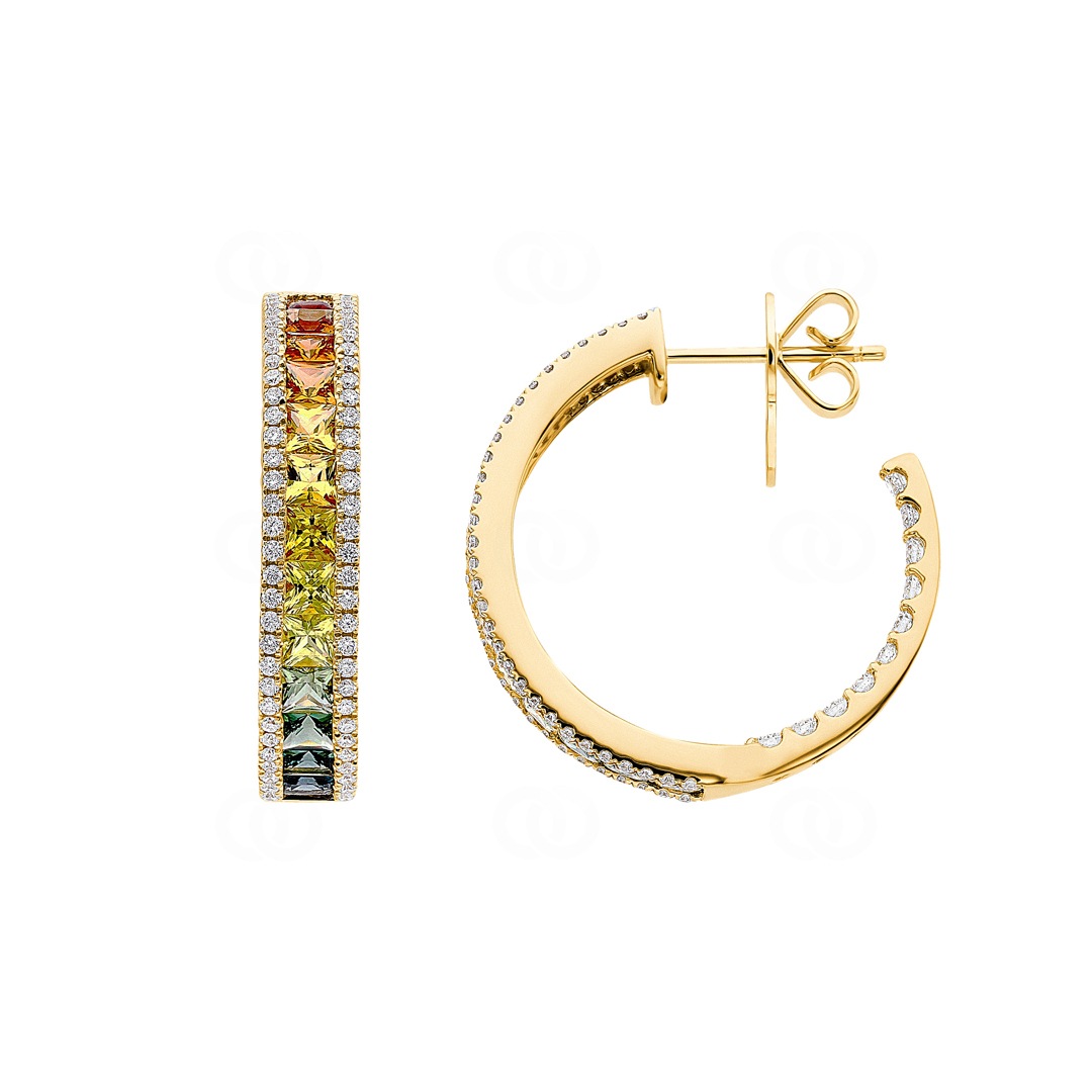 Rainbow Saphir Kreolen 750/18 K Gelbgold mit Diamanten 0.92 ct H/si