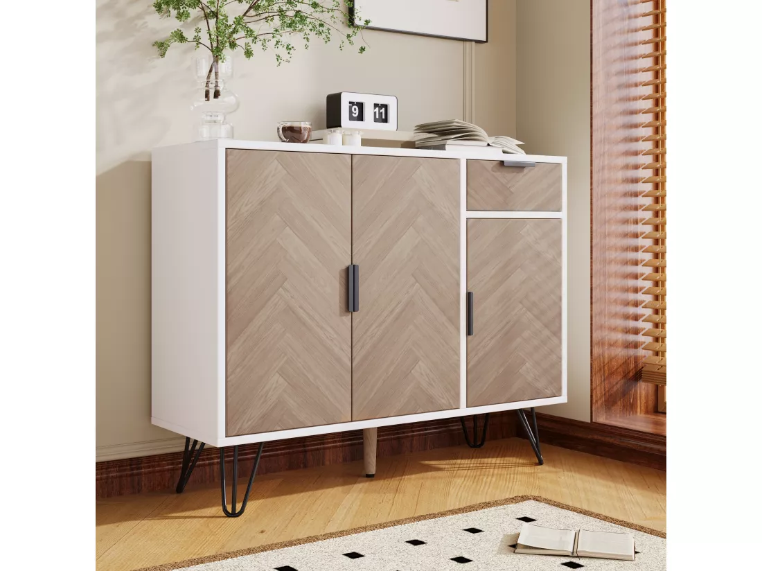 Armoire de rangement moderne, meuble en blanc et imitation bois avec tiroir et étagères réglables en hauteur (90 x 30 x 71,5 cm)