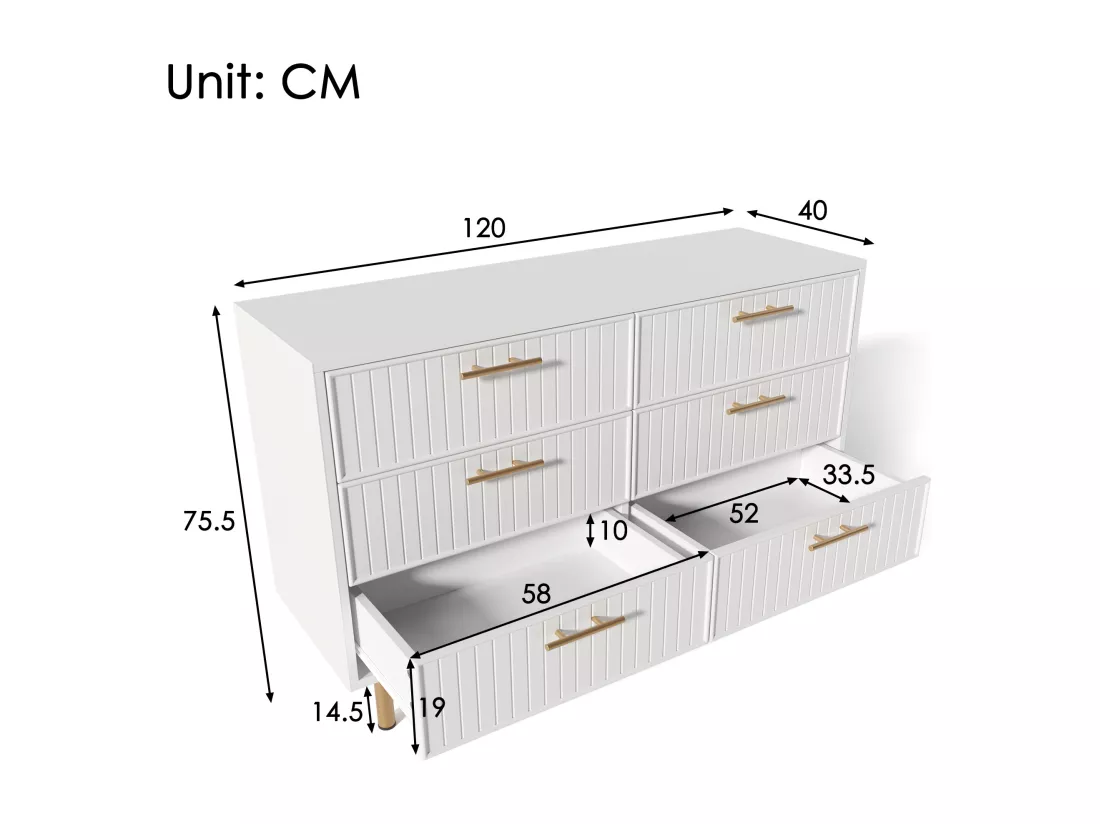 Commode avec 6 tiroirs, buffet blanc plateau haut pour la chambre et tous les espaces de vie, blanc - h75 / B120 / T40 cm