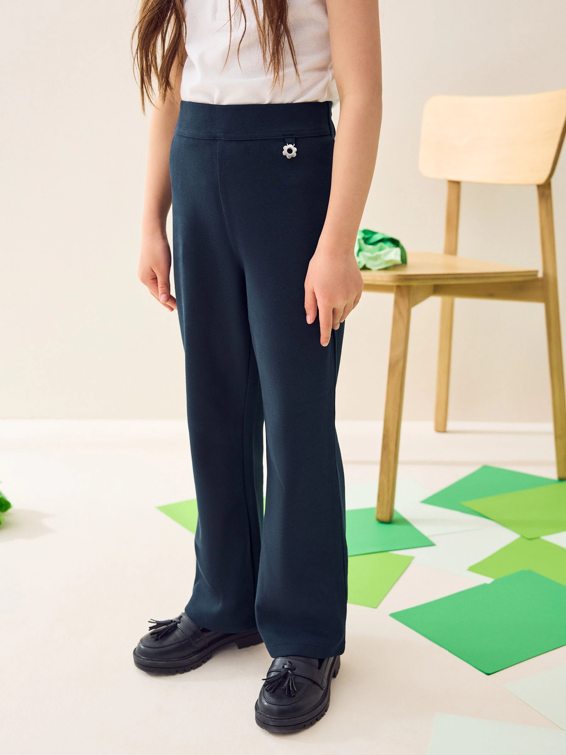 Donkerblauw - Schoolbroek met hoog aandeel katoen, stretchy, bootcut en elastische tailleband (3 - 16 jr)