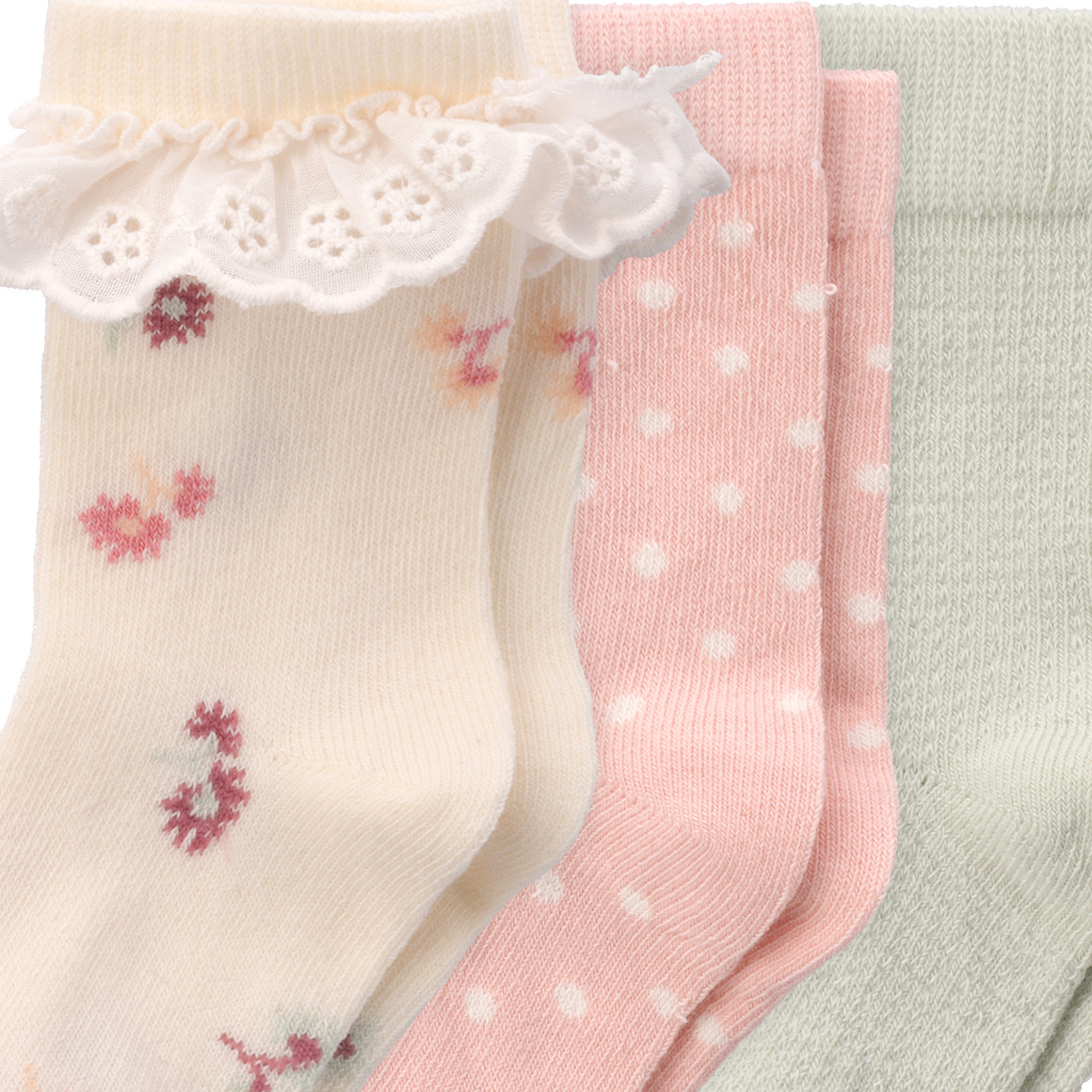 Topomini Pure Collection 3 Paar Baby Socken in verschiedenen Dessins cremeweiss / mintgrün / rosa