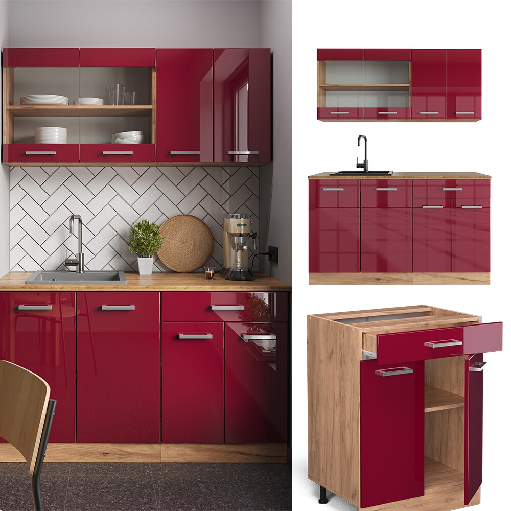 Vicco Küchenzeile Küchenblock Einbauküche R-Line Single Front Bordeaux Hochglanz