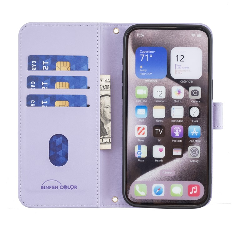 iPhone 16e Leder Tasche Flip Cover Kartenfächer Gittermuster   Handschlaufe - Lila