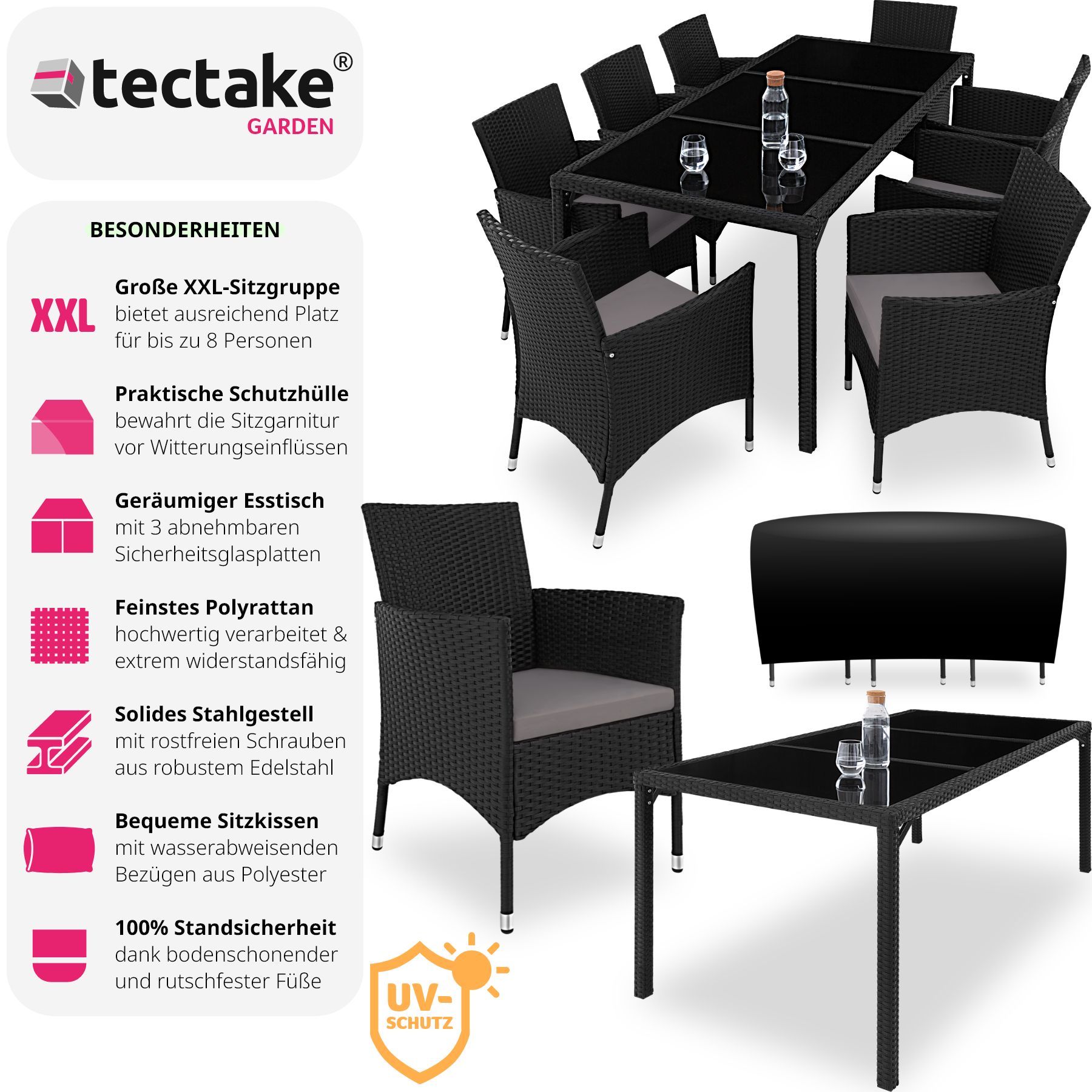 tectake® Rattan Sitzgruppe, für 8 Personen, UV-beständig, inklusive Schutzhülle