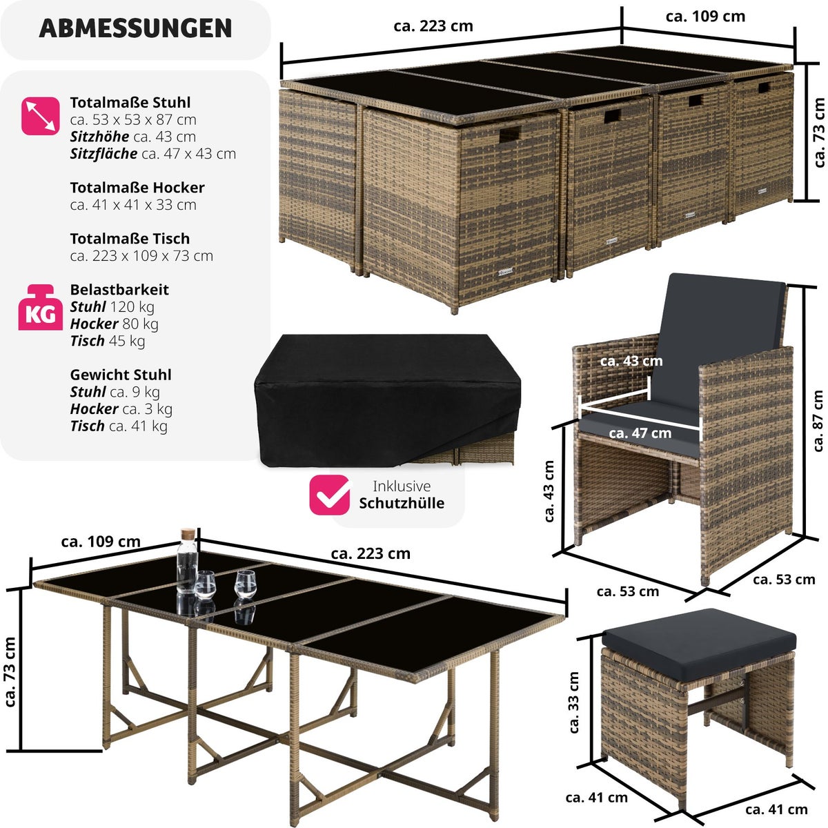 tectake Palma rotan zitgroep voor 8 tot 12 personen, inklapbaar, inclusief beschermhoes