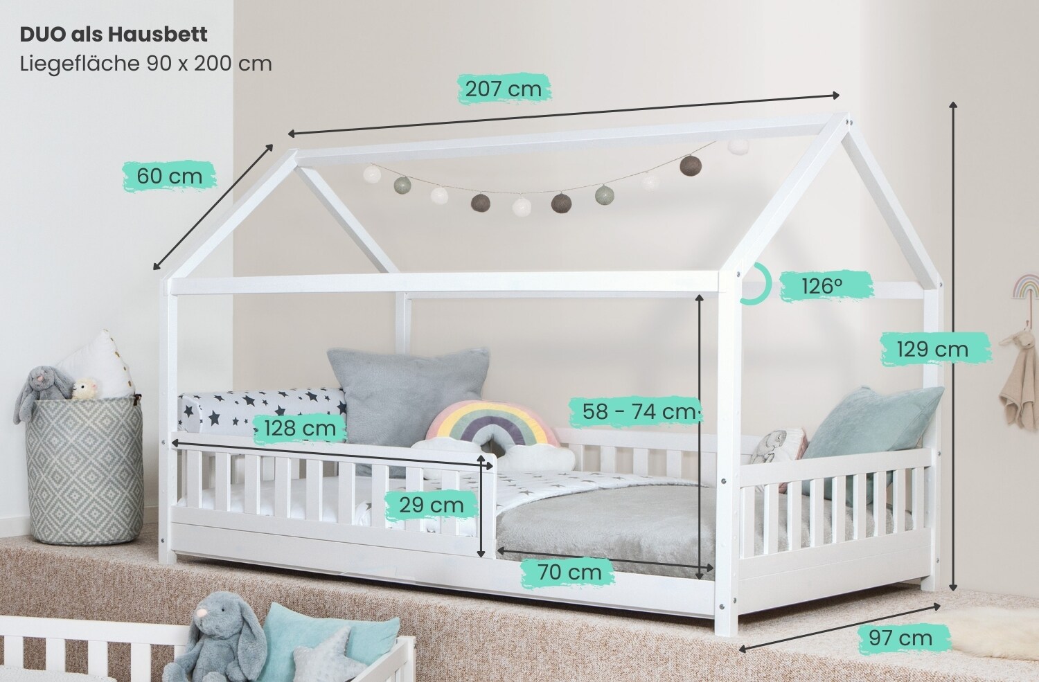 TiCAA 2 in 1 TiCAA Hausbett Bodenbett wandelbar mit abnehmbaren Dach Duo90x200 cm, 100x200 cm, 120x200 cm, 140x200 für Jungen & Mädchen, inkl. Rolllattenrost, Rausfallschutz variabel, MontessoriBett weiß aus Kiefer Massivholz