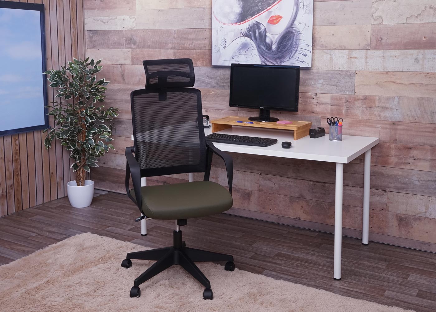 Bürostuhl MCW-J52, Drehstuhl Schreibtischstuhl, ergonomisch Kopfstütze, Kunstleder ~ olivgrün