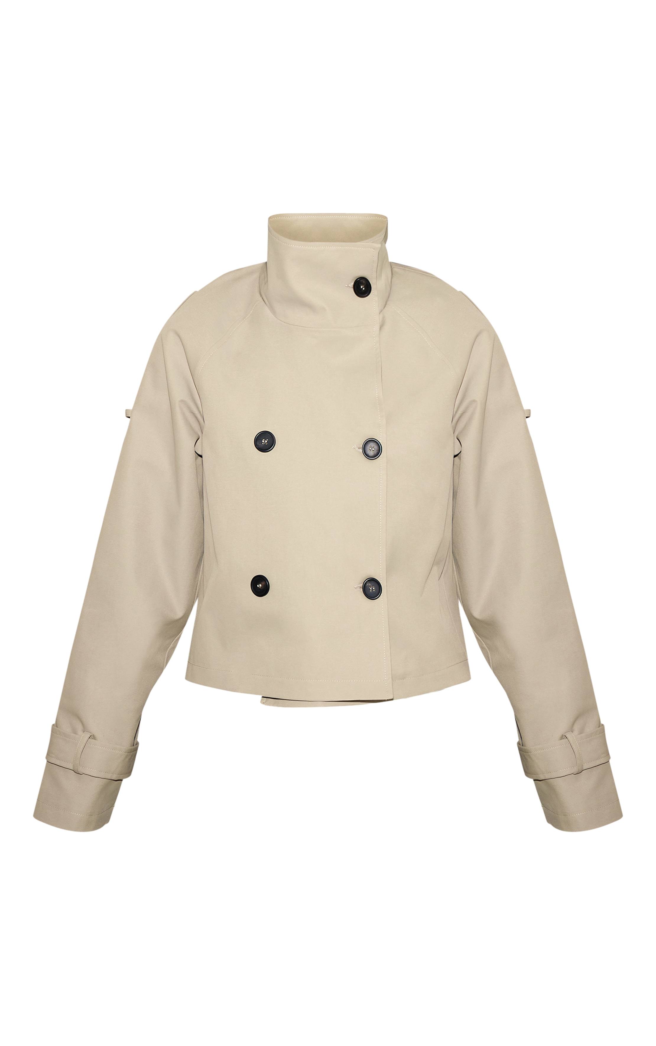 Beige Trench Court À Col Montant Et Double Boutonnage