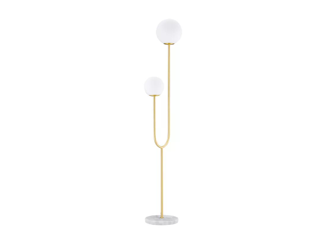 Lampadaire design néo-rétro 2 boules verre blanc opaque max. 25 W piètement marbre blanc acier doré