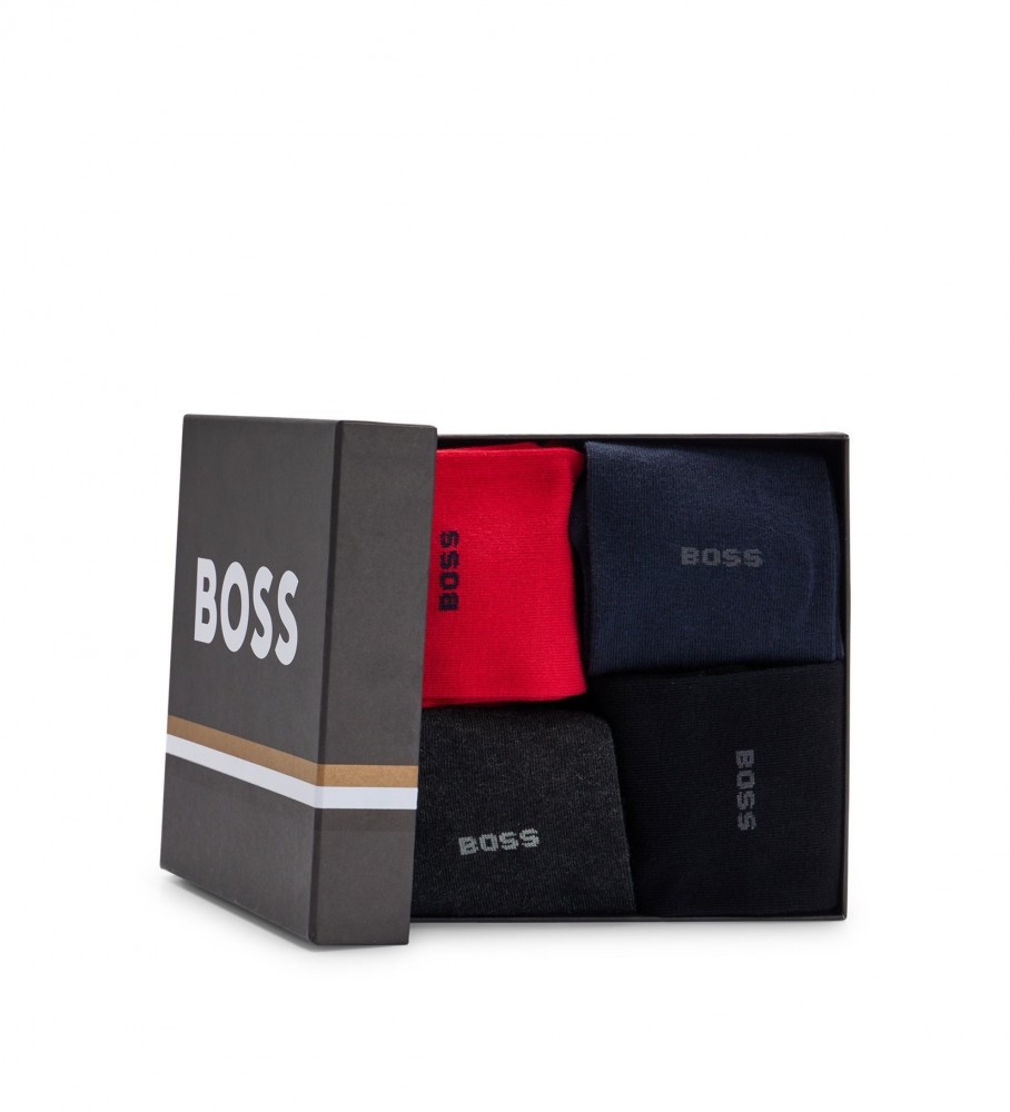 Conjunto de presente BOSS com 4 pares de meias nas cores vermelho, azul-marinho e preto.