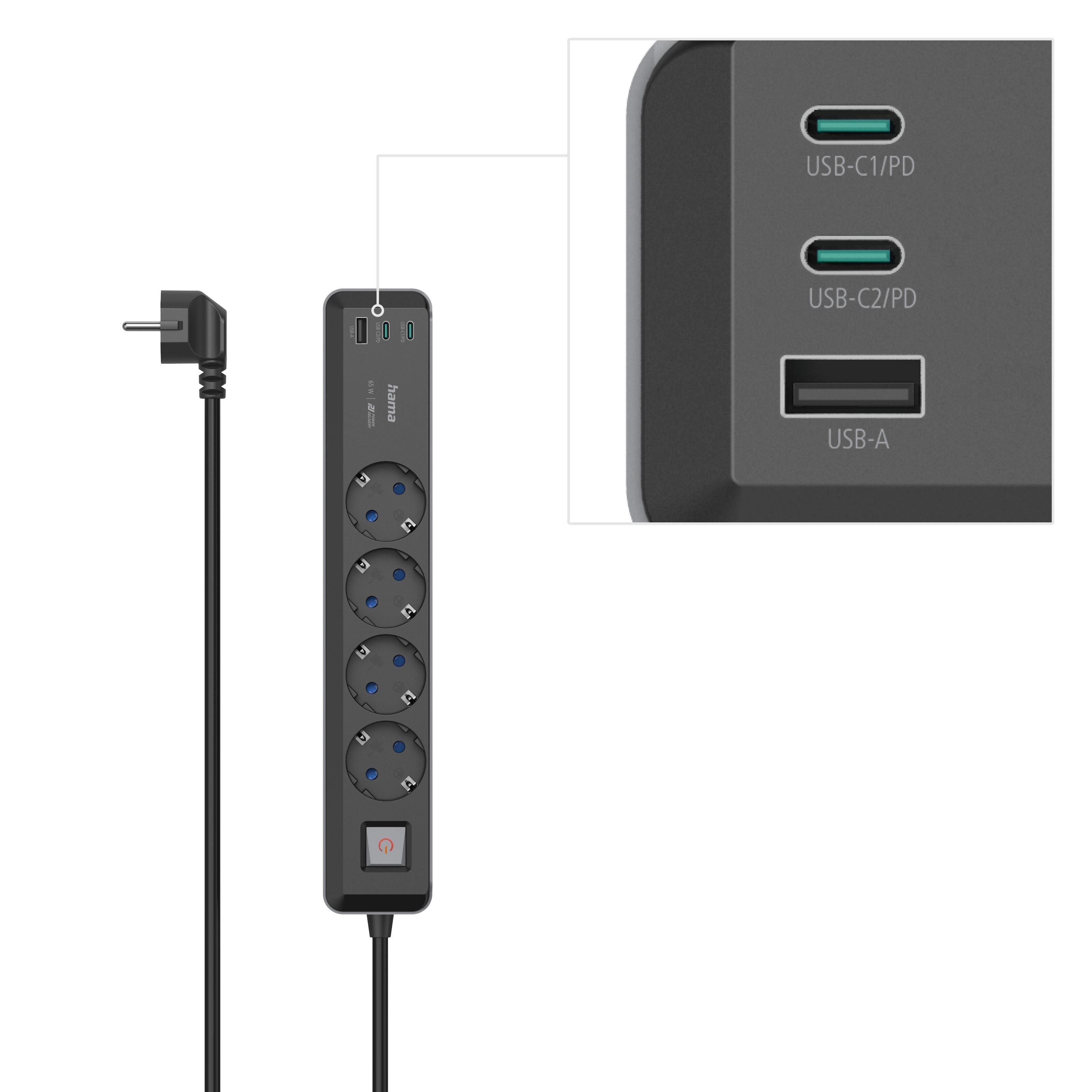 Hama Grenuttak med USB-C/A 65 W PD 4-uttak