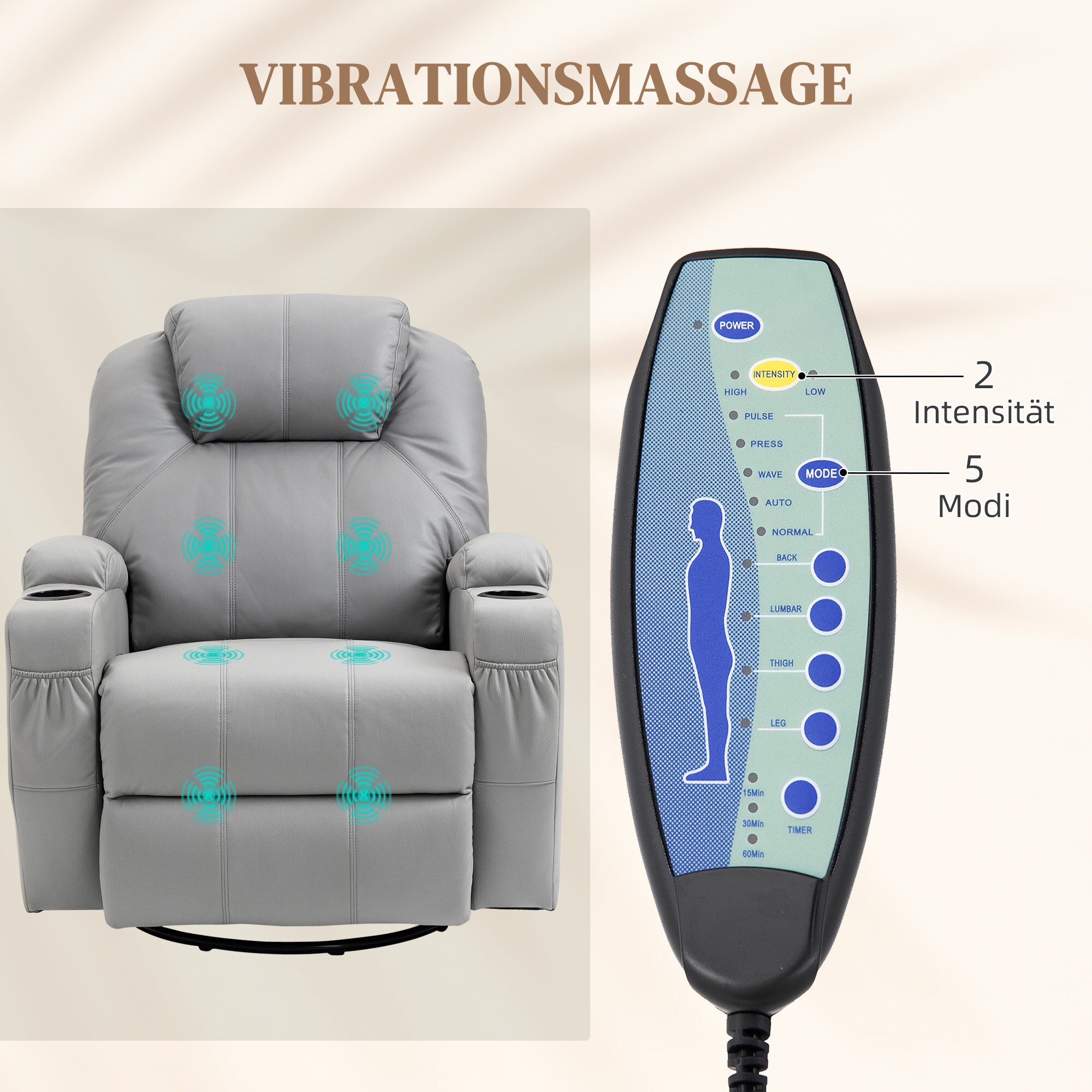 HOMCOM Massagesessel mit Fernbedienung und Getränkehalter grau 89L x 99B x 106H cm