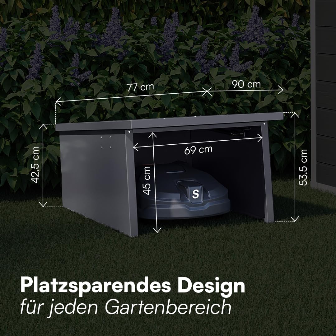 STEELSØN Drakon Mähroboter Garage Anthrazit – Rasenmähroboter Überdachung aus verzinktem Stahl – Rasenmäher Roboter Haus aufklappbares Pultdach – Rasenmäher Garage UV- & wetterbeständig 53/42x77x90 cm