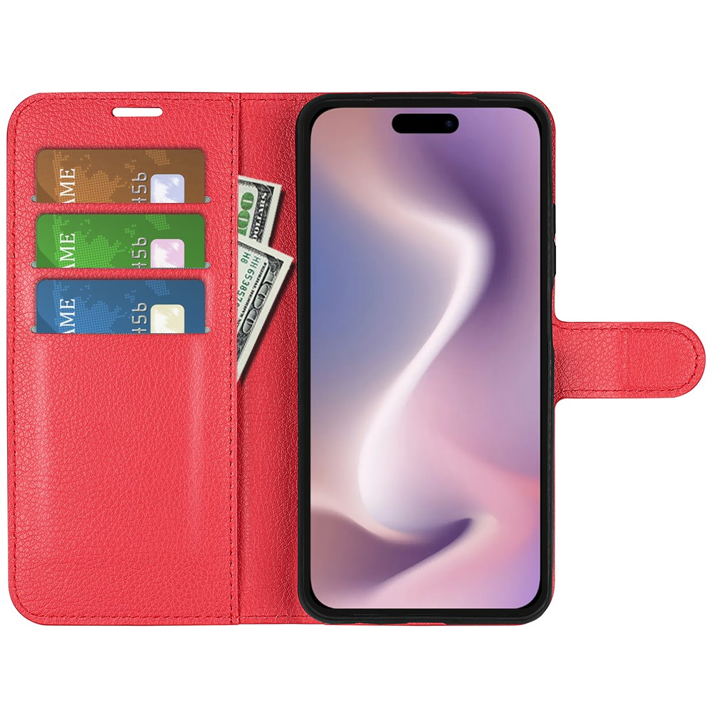 iPhone 16 Pro Leder Tasche Flip Cover Litchi Look - Rot
