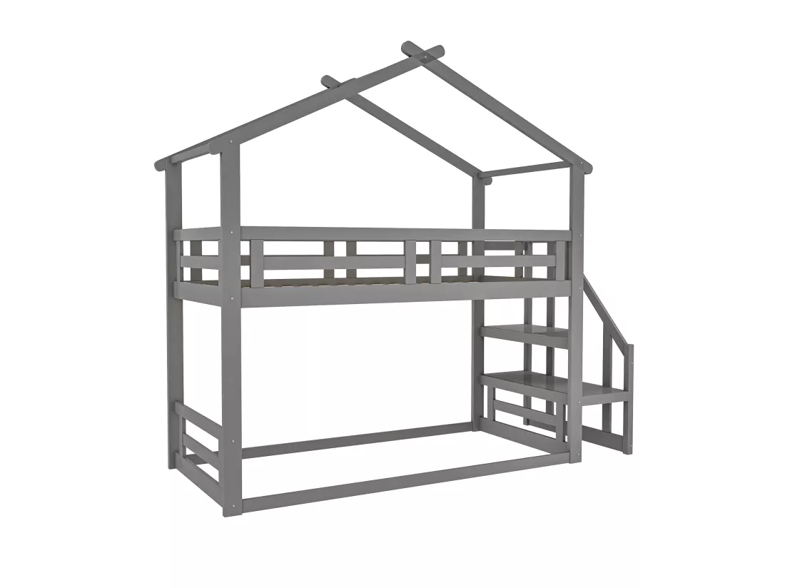 Lit superposé cabane avec rangement - 90 x 200 cm - pin - barrières et escalier - coloris gris