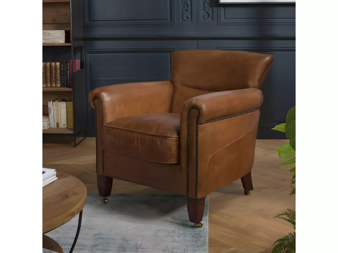 GASTON - Fauteuil marron VERONE vintage cuir pieds bois avec roulettes