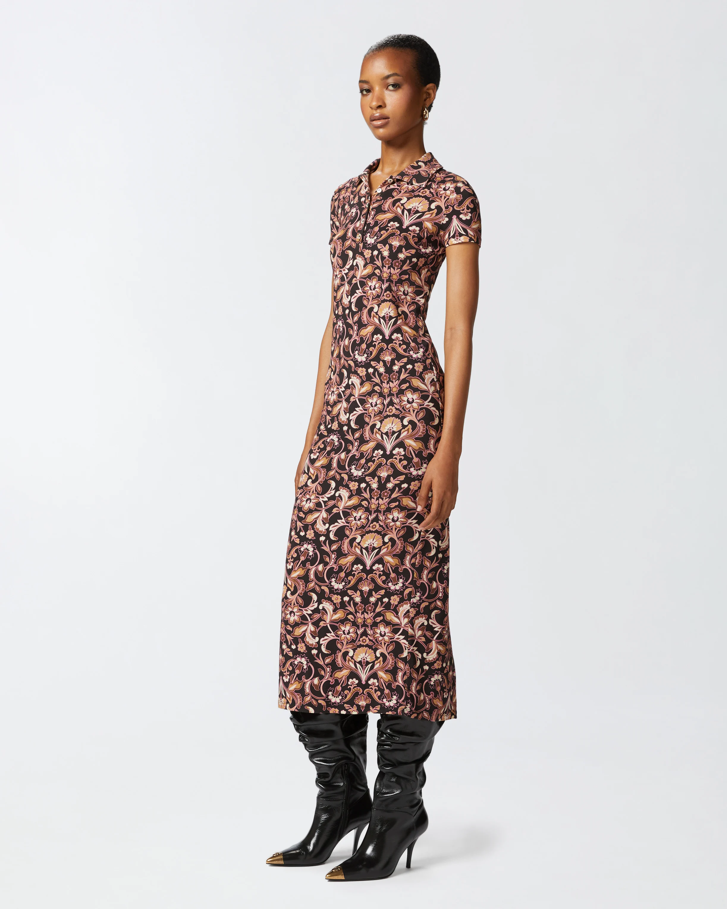 Robe longue à fleurs à manches courtes | Marron