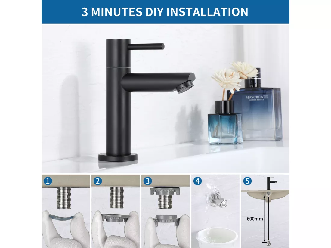 Cecipa max Robinet de Lavabo NOIR Robinet pour Salle de Bain Robinetterie de Lavabo avec Bec Robinet Seulemtent pour l'Eau Froide,EU Modèle